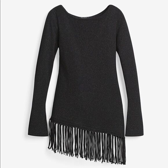 White House Black Market Fringe Black Metallic Asymmetrical Sweater - Picture 4 of 11